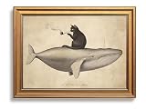 Vintage Gold Framed Funny Cat Wall Art, Black Cat Whale Canvas Prints, Retro Eclectic Paintings, Whimsical Surreal Artwork, Maximalist Pictures Home Decor for Living Room Bedroom Bathroom 12x16 inch