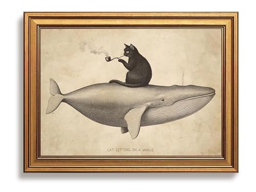 Vintage Gold Framed Funny Cat Wall Art, Black Cat Whale Canvas Prints, Retro Eclectic Paintings, Whimsical Surreal Artwork, Maximalist Pictures Home Decor for Living Room Bedroom Bathroom 12x16 inch