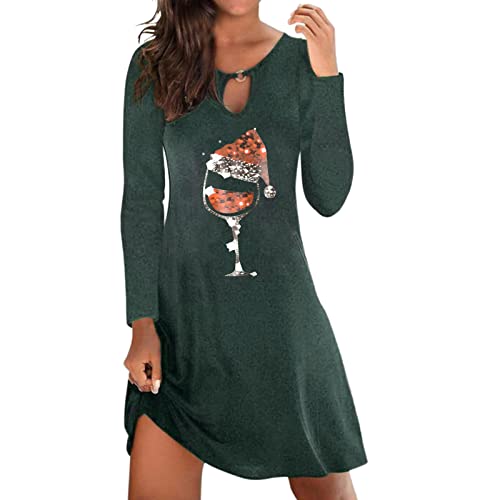 QWUVEDS Vestido suelto de manga larga para mujer con estampado de copa de vino de Navidad vestido...