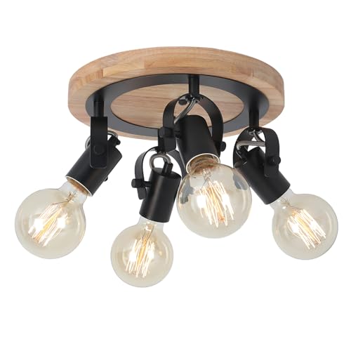 Image of 4-Light Round Flush Mount Ceiling Light,Adjustable Farmhouse Kitchen Track Light with Wood Base, Multi-Directional Dining Room Light for Island Hallway Entryway Bedroom.