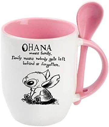 Ohana Means Family Stitch Coffee Tea Cocoa Soup Daily use Mug Birthday Gift Party gage Keepsake C Handle Unique Ceramic Cup Mug. (Blue Spoon)