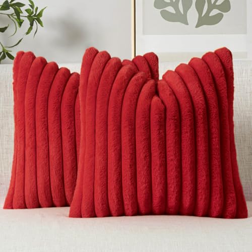 Image of MIULEE Faux Fur Decorative Throw Pillow Covers 20x20 Set of 2 Red | Modern Spring Home Decor Soft Plush Couch Pillows Cozy Fluffy Cushion Covers for Sofa Bed Living Room