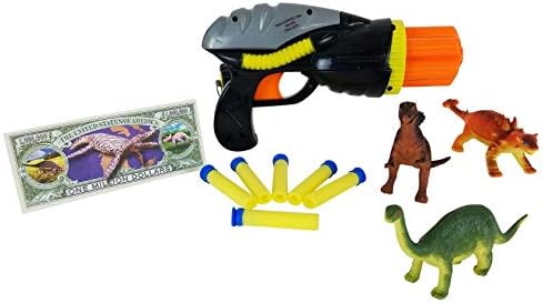 Imprints Plus 11-Piece Toy Air Blaster Gun Set with 3 Vinyl Dinosaurs (5” – 8”) for Target Practice and Non-Negotiable Dinosaur Dollar, Includes 6 Soft Foam Darts (air Blaster)