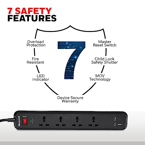 Image of Honeywell Surge Protector /Spike Guard /Extension Board,Master Switch,4 Universal Sockets,PD18W&USB,15000Amp,2 Meter Cord,Device Secure Warranty,Automatic Overload Protection,3Year Manufacturer Warranty