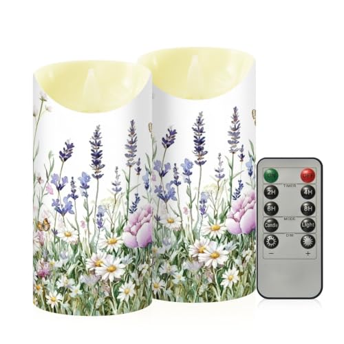 Ewusp Juego de 2 velas sin llama con diseño de mariposas y flores silvestres, funciona con pilas, con control remoto y temporizador, para decoración del hogar, bodas, vacaciones, fiestas, centros de