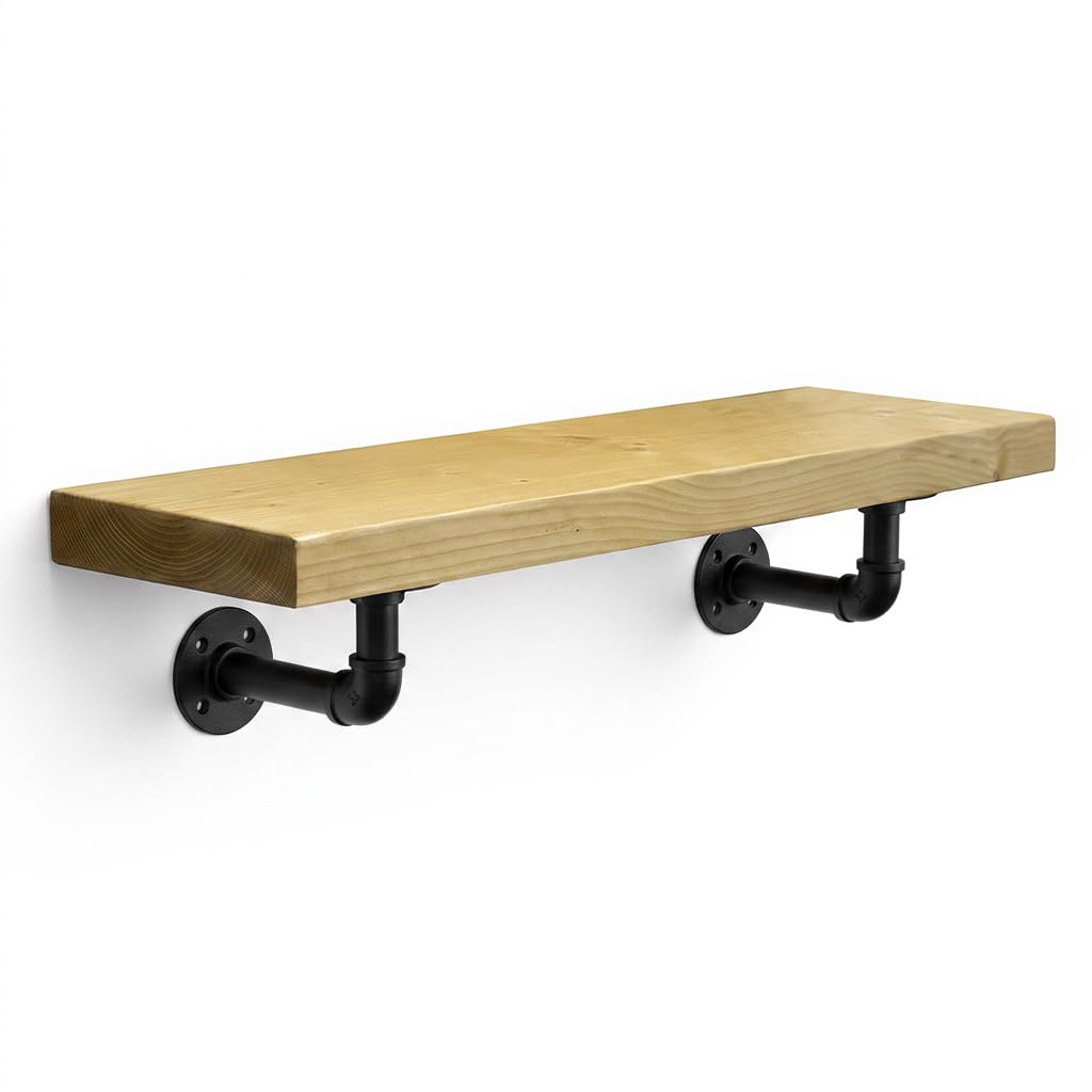 MKGT Handcrafted Rustic Wooden Floating Shelf with Industrial Pipe Brackets – 22cm Deep Solid Pine Wall Shelf, 45mm Thick, Made in the UK, Includes Fixings (Antique Pine, 40cm)