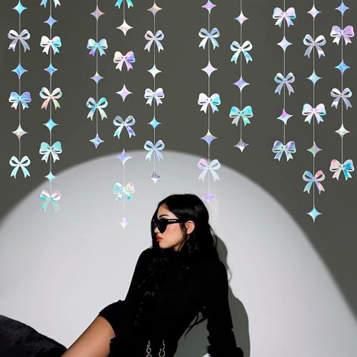 Image of Iridescent Bow Decorations Holographic Paper Star Bow Hanging Garland Streamer Banner for Coquette Birthday Bachelorette Wedding Bridal Shower Engagement Anniversary Hen Party Decorations Supplies