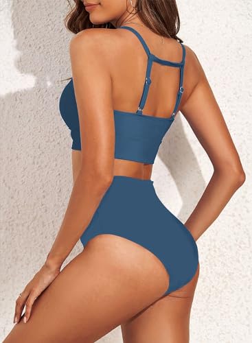 Image of Herseas Women's Bikini Sets High Neck Tropical Leaf Print High Waisted Two Pieces Swimsuits Bathing Suits