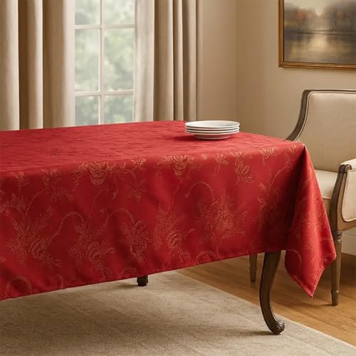Fennco Styles Royal De Noel Holiday Design Jacquard Christmas Tablecloth - Red Holiday Table Cover for Home, Dining Table, Banquets, Family Gathering and Special Occasion 70
