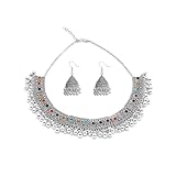 Set De Bijoux Indiens En Cristal Coloré Zircone Cubique Collier Choker Jhumka Bollywood Style Ethnique Pour Mariée Tenues De Fête Punk Argent Antique Chic Accessoire Hypoallergénique Bijoux