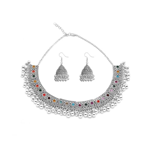 IMINI Set De Bijoux Indiens En Cristal Coloré Zircone Cubique Collier Choker Jhumka Bollywood Style Ethnique Pour Mariée Tenues De Fête Punk Argent Antique Chic Accessoire Hypoallergénique Bijoux