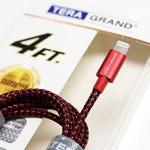 Tera Grand Lightning To Usb-A Braided Cable With Aluminum Housing, 4 Feet For Iphone 14/13/12/11 Pro Pro Max Plus Mini, Se Xs Max Xr X, 8/7/6 Plus, Ipad, Airpods (Red & Black) #TOP5