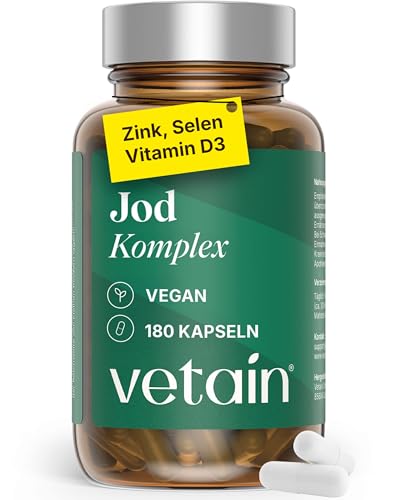 VETAIN Jod Komplex für die Schilddrüse - 180 Kapseln - mit Jod aus Bio-Kelp Selen Vitamin D3 Zink - 6 Monate Vorrat - hochdosiert vegan & ohne Zusätze - produziert & laborgeprüft in Deutschland