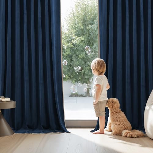 Image of StangH Navy Blue Velvet Curtains 102 Inches Long, Extra Thick Drapes for Sliding Door, Room Darkening Window Treatment for Basement & Media Room, W52 x L102, 2 Panels
