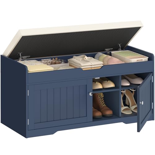 TEENFON 2-Tier Storage Bench, Shoe Bench with Adjustable Shelf & Lift Top Storage, Entryway Bench with Cushioned Seat,13.8'D x 36.2'W x 19.7'H, Shoe Organizer for Entryway, Living Room, Bedroom, Blue