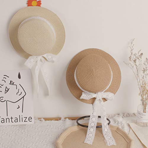 Fisherman Hat Toddler Kids Woven Straw for Sun Hat with Lace Ribbon Bow Floppy Sunscreen Beach Beige3