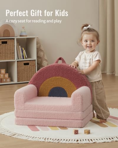 Image of Blissful Diary Foldable Kids Couch, 2-in-1 Comfy Kids Chair for Reading, Playroom, Kids Couch Sofa for Girls Boys Birthday Gift, Blush Rainbow