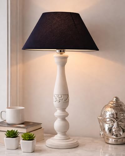Image of Homesake Handcrafted Wooden Table Lamp for Bedroom & Living Room | Decorative Bedside Reading Lamp with Fabric Shade, E27 Holder | Bulb Included | White Floral Carved Base for Home Decor, Blue