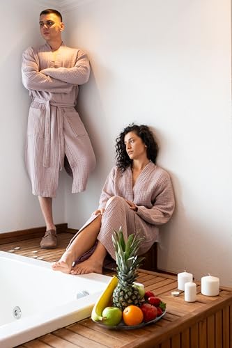 Image of Muslin Unisex Bathrobe Women & Men, 100% Cotton Kimono Lightweight Robe | Long Robes Soft, Absorbent, Spa robes