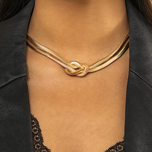 Chunky Double Layer Snake Chain Choker Necklaces for Women, Statement Twisted Knot Bow Long Link Chain Lariat Necklace Thick Punk Hip Hop Jewelry Gifts4