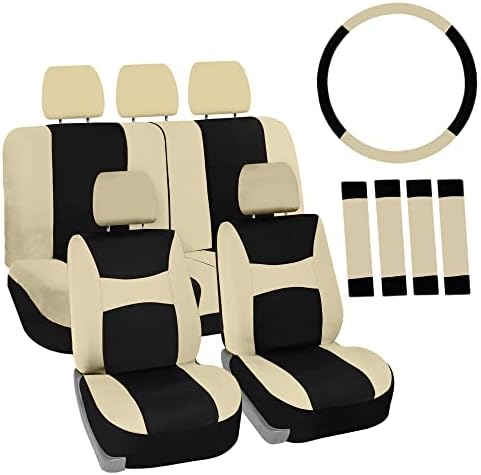 Automotive Seat Covers Beige Black Universal Fit Seat Cover Combo Set with Steering Wheel Cover and Seat Belt Pad (Airbag Compatible and Split Bench) FH Group FB030BEIGEBLACK115-COMBO