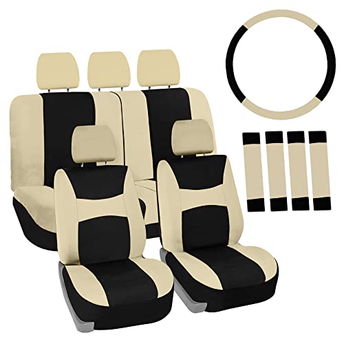 Image of Automotive Seat Covers Beige Black Universal Fit Seat Cover Combo Set with Steering Wheel Cover and Seat Belt Pad (Airbag Compatible and Split Bench)