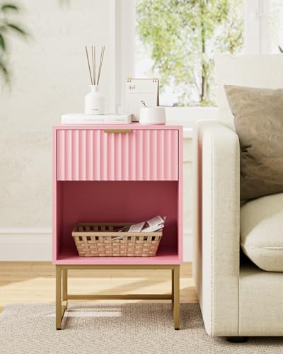 Image of Masupu Fluted Nightstand, Modern Night Stand Wood Bedside Table with Storage Drawer Side End Table for Bedroom, Office, Pink