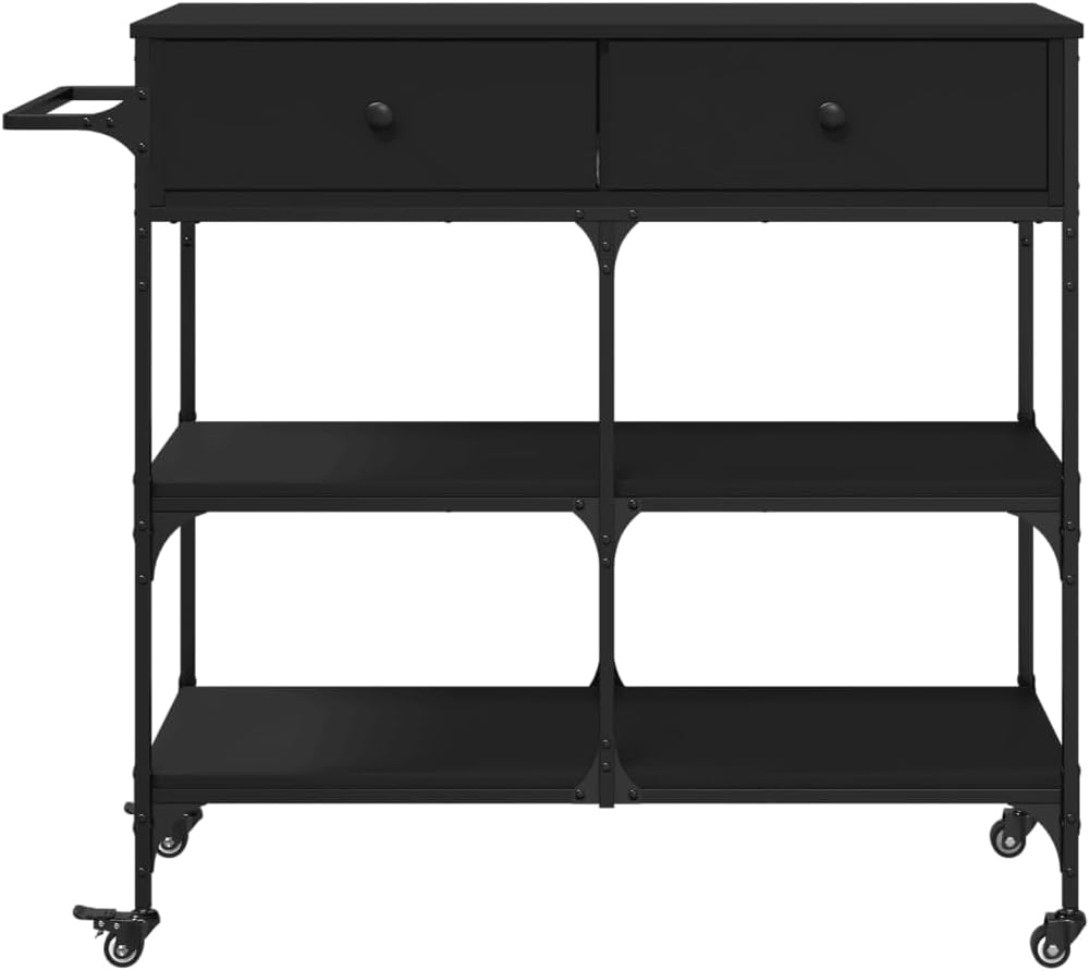 Kitchen Trolley Black Engineered Wood with Steel Frame 41.3"x16.5"x37.4" Rolling Kitchen Cart with Wheels and Towel Rack for Storage and Mobility