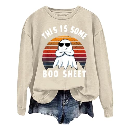 Sudadera de Halloween para mujer, bonita y holgada, de manga larga, cuello redondo, 5 suéteres de invierno para mujer, Beige #2, Small