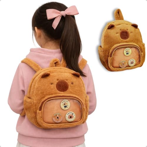 Mochila Capivara de Pelúcia, Design Fofo, com Bolsos e 3 Broches, Alças Ajustáveis, Bolsos Laterais para Garrafa