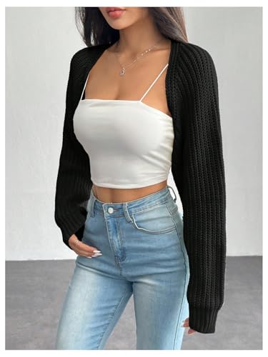 GORGLITTER Women's Long Sleeve Bolero Shrug Open Front Knit Cropped Cardigan Sweater Shrugs Petite-Black Petite-S3