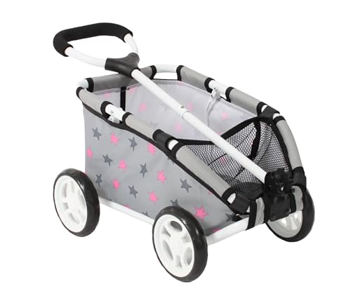 Carrito de juguetes gris para pasear muñecas en el salón