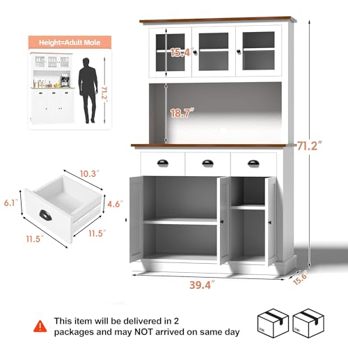 Image of MU 71 inch Kitchen Pantry Cabinet with Charging Station, Tall Pantry Hutch with Drawers, Countertop & Microwave Shelf, Food Storage Cabinet for Dining Room & Coffee Bar, White