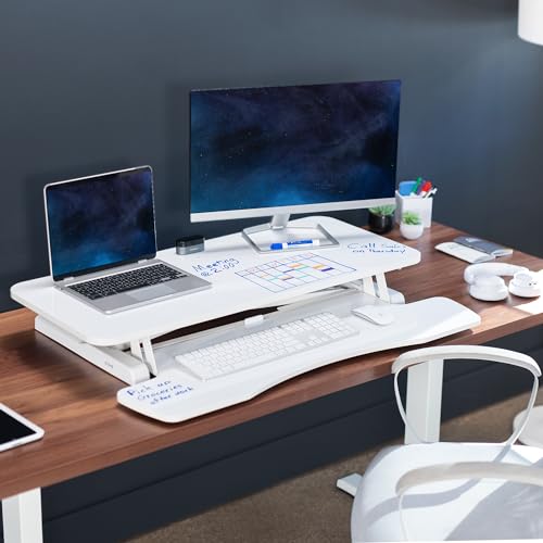 Image of VIVO 36 inch Desk Converter, K Series, Height Adjustable Sit to Stand Riser, Dual Monitor and Laptop Workstation with Wide Keyboard Tray, White Dry Erase, DESK-V036KWE