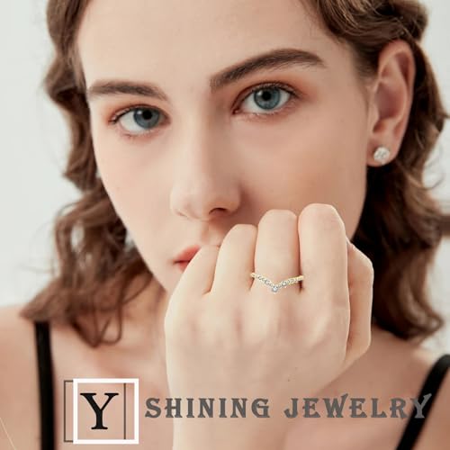 Wedding Band for Women 925 Sterling Silver White & Yellow Gold Ring V Shape Engagement Stackable Ring Half Eternity Round Cut CZ Jewelry for Her Size 5-102