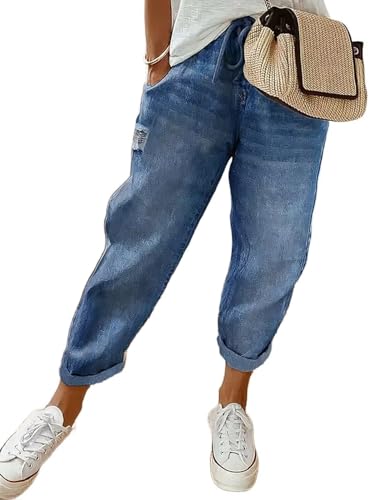 Flamingals Women's Baggy Cropped Jeans Drawstring Mid Rise Boyfriend Carrot Barrel Roll Hem Jeans