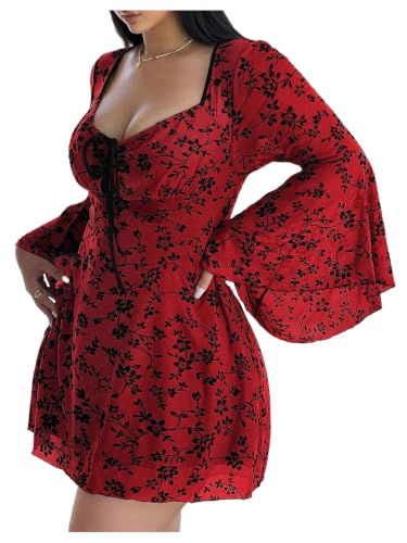Image of Floerns Women's Plus Size Floral Gothic Dress Flare Long Sleeve Mesh Grunge A Line Dress