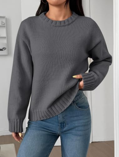 Image of ZAFUL Crew Neck Cozy Long Sleeves Casual Knit Pullover Sweater for Women | Classic Vintage American Style, Ribbed Collar and Cuff, Relaxed Fit, Cozy Chunky Knitwear Jumper