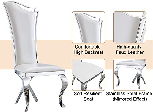 Goderfuu Dining Chairs Set Of 6 - White Dining Room Chairs With Stainless Steel Legs, Faux Leather Upholstered Dining Chairs Modern Dining Chairs Kitchen Side Chairs, White And Silver Dining Chairs #TOP3
