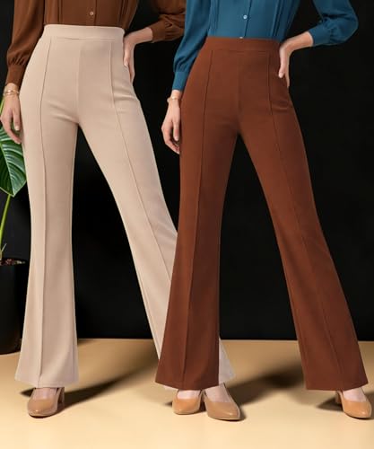Image of Women Solid Flared Trousers Pack of 2 | High Waist Stretchable Office Pants for Women | Formal Bell Bottom Palazzo Trouser Combo