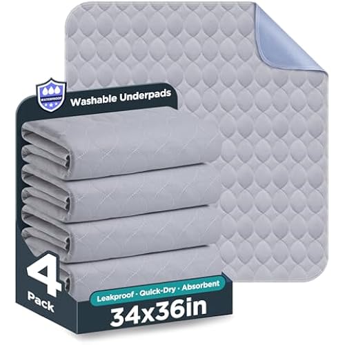 Washable Bed Pads 36" x 52" - 4 Pack, Grey, Waterproof Bed Pads for Incontinence, Bed Wetting Pads for Bed, Sofa, Floor, Resuable Underpads for Adults, Seniors, Pet