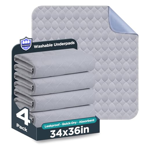 Washable Bed Pads 34 x 36 - 4 Pack Grey Waterproof Bed Pads for Incontinence Bed Wetting Pads for Bed Sofa Floor Resuable Underpads for Adults Seniors Pet