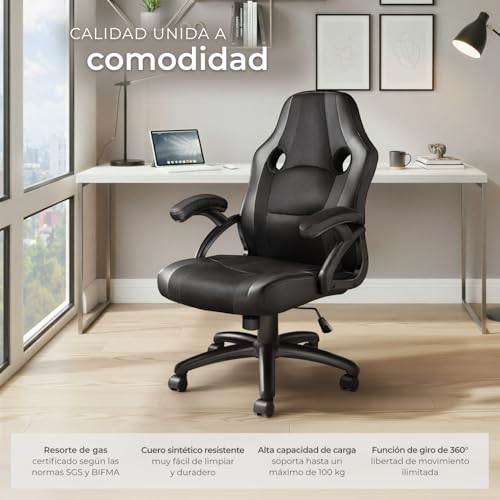 tectake® Silla Gaming, Silla Oficina Ergonómica, Reposabrazos, Ajustable Altura, Silla Estudio, Gaming Chair, Asiento Gamer, Sillón Gaming, Ergonómico, Mecanismo Basculante, Giro 360 - Negro/Negro - imagen 10