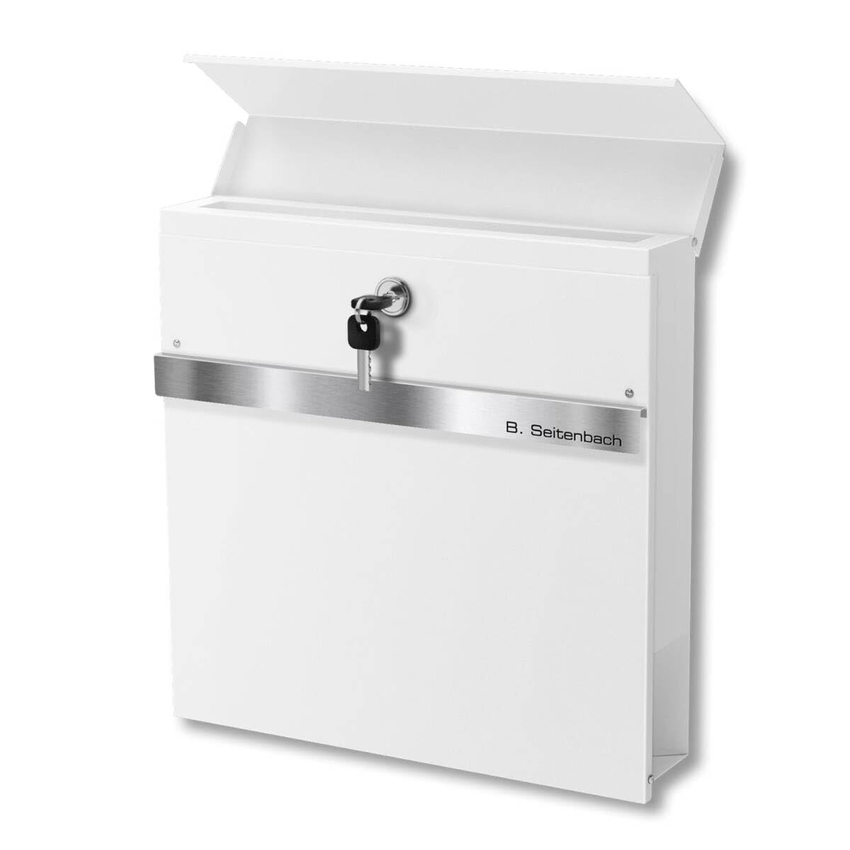 Metzler Cassetta delle lettere con scomparto per giornali, colore bianco – Personalizzabile con acciaio inox V2A targhetta con nome – verniciatura a polvere in RAL 9016 bianco traffico – Cassetta