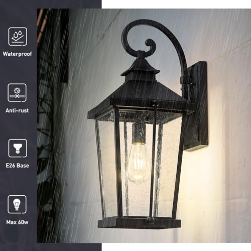 Image of zeyu 22 Inch Outdoor Lights for House, 1-Light Outdoor Wall Sconce for House Porch, Die-Cast Aluminum with Seeded Glass, Black Finish, ZW105B-M BK