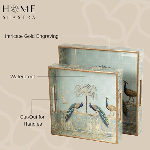 Image of Wooden Serving Tray with Gold Engraving | Set of 2 | Size : 12 x 12 inch & 10 x 10 inch | Enamel Coated Waterproof | Square Trays | Decorative Trays | (Blue Peacock Square Trays Set)