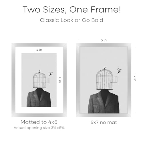 Image of Homeforia 5x7 Silver Picture Frame, High-End Metal, 4x6 Mat, Glass | High End Aluminum, Tempered Glass, Acid-Free 4x6 Removable Mat, 5x7 in Edge-to-Edge Display 7x5, Wall Kit, Set Of 2