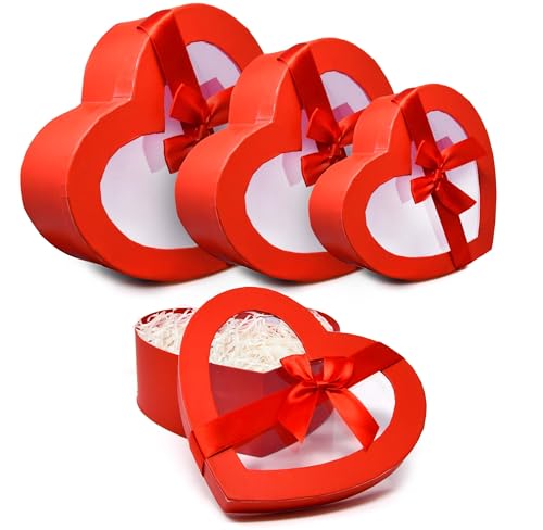 Gift Boutique Valentine Heart Shaped Gift Boxes 3 Pack Red Hearts Treat Box with Window & Bows on Lids Nesting Cardboard Cookie Box for Gift...