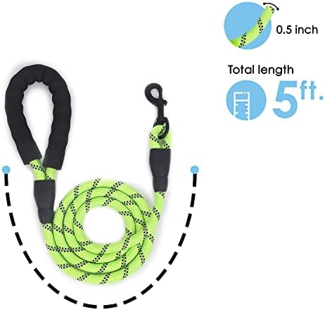 FurDreams 5ft Strong Dog Lead Rope with Soft Padded Handle and Highly Reflective Threads - Green | Rope Dog Leash for Large Dogs, Medium Dogs, and Small Dogs | Includes a Free Waste Bag Dispenser