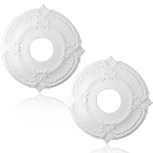 Image of Uenhoy 2 Pcs Lighting Ceiling Medallions for Light Fixtures and Ceiling Fans, 12 inch OD White Vintage Ceiling Cover Plate, PU Ceiling Fan Medallion 12 inch OD x 3.5 inch ID